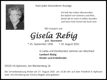 Traueranzeige von Gisela Rebig von Zeitung am Sonntag