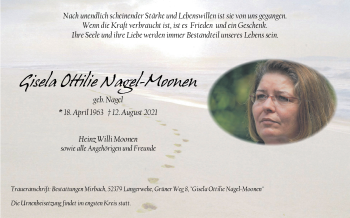 Traueranzeige von Gisela Ottilie Nagel-Moonen von Zeitung am Sonntag