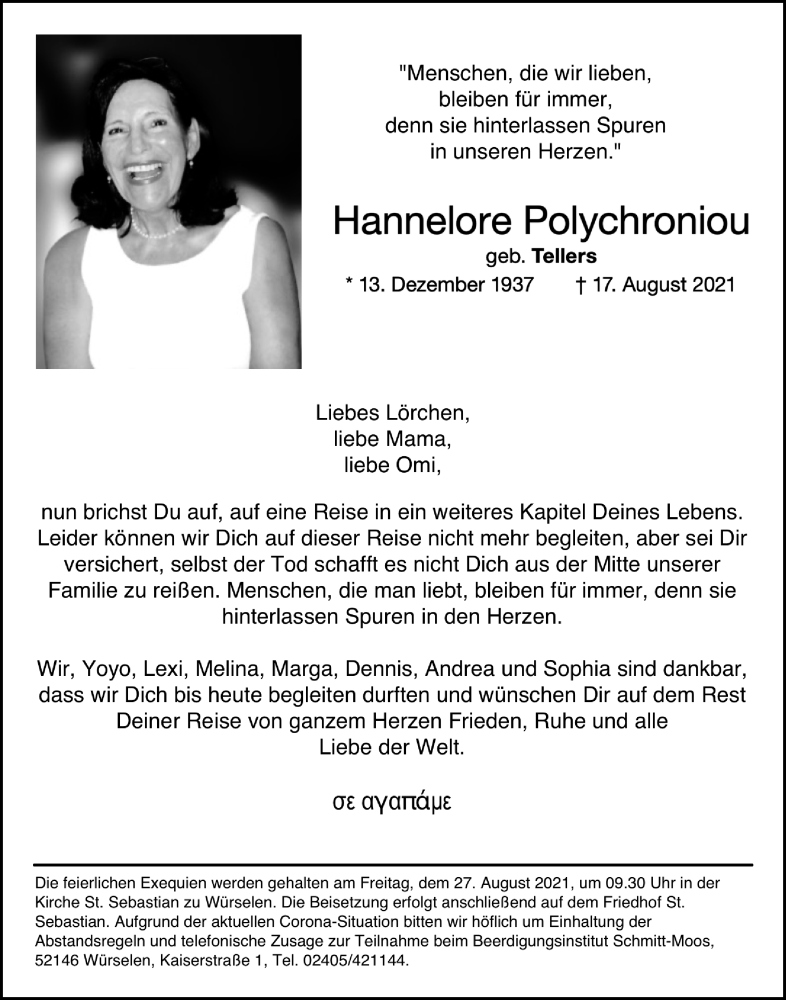  Traueranzeige für Hannelore Polychroniou vom 21.08.2021 aus Aachener Zeitung / Aachener Nachrichten
