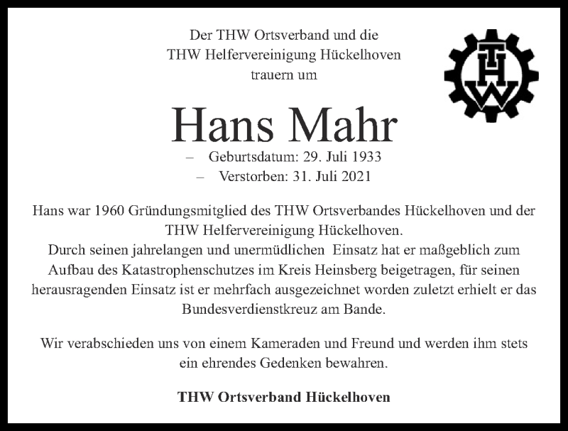  Traueranzeige für Hans Mahr vom 08.08.2021 aus Zeitung am Sonntag