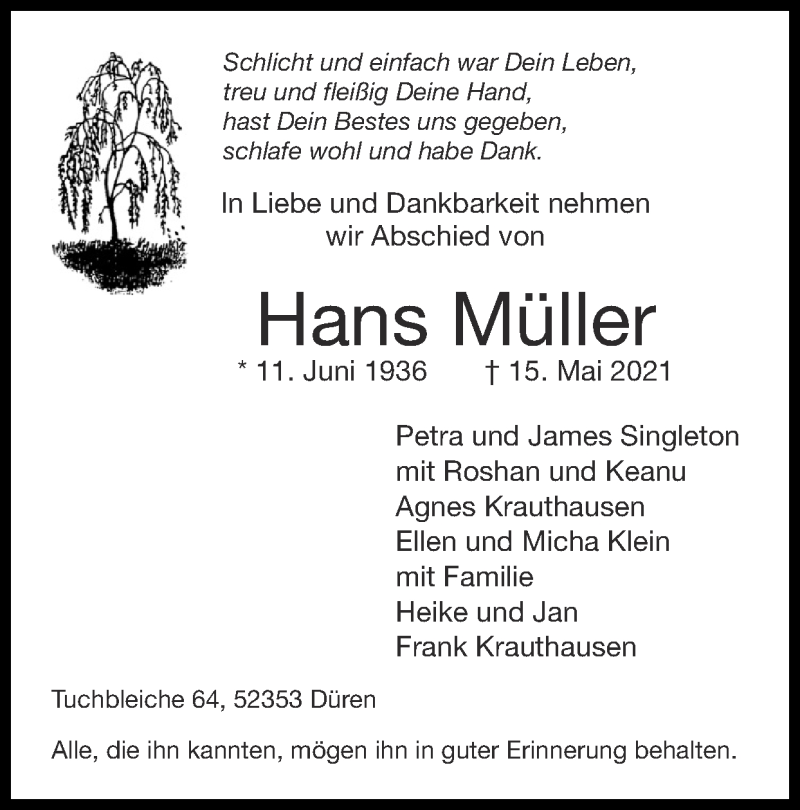  Traueranzeige für Hans Müller vom 08.08.2021 aus Zeitung am Sonntag