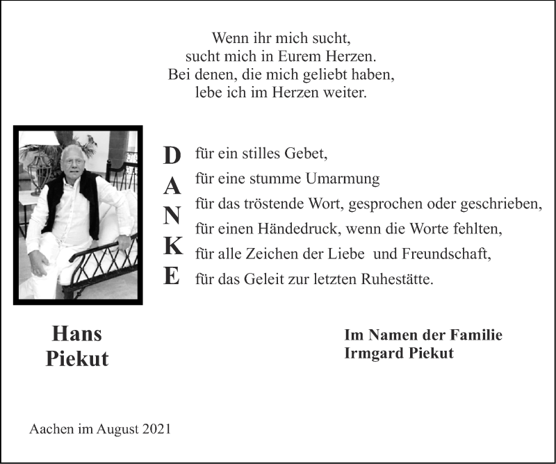  Traueranzeige für Hans Piekut vom 07.08.2021 aus Aachener Zeitung / Aachener Nachrichten