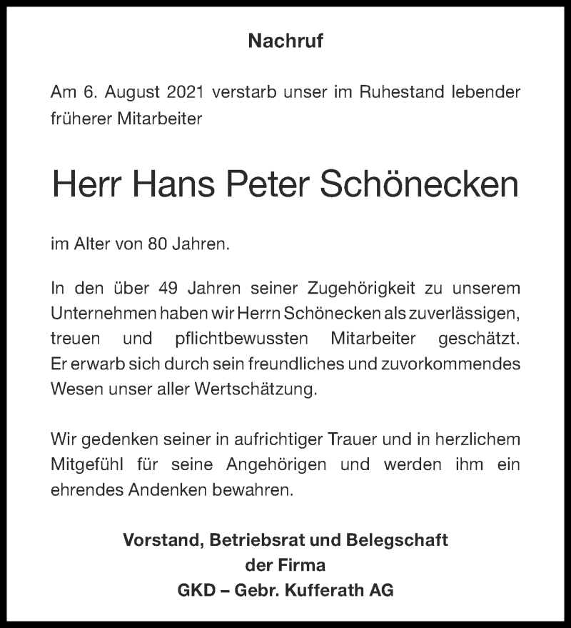  Traueranzeige für Hans Peter Schönecken vom 21.08.2021 aus Aachener Zeitung / Aachener Nachrichten