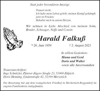 Traueranzeige von Harald Falkuß von Zeitung am Sonntag