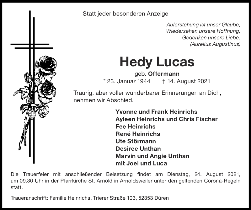  Traueranzeige für Hedy Lucas vom 22.08.2021 aus Zeitung am Sonntag