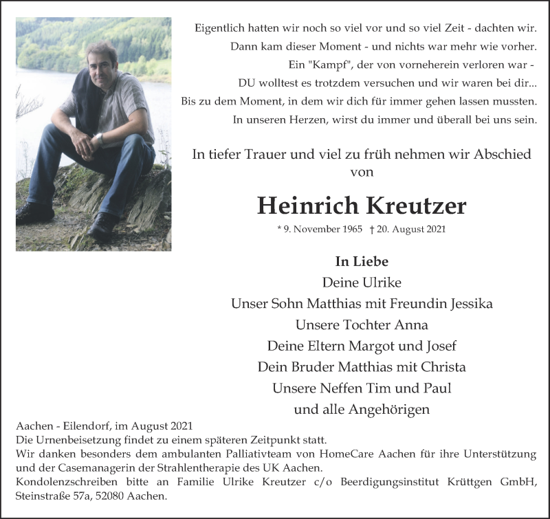  Traueranzeige für Heinrich Kreutzer vom 28.08.2021 aus Aachener Zeitung / Aachener Nachrichten