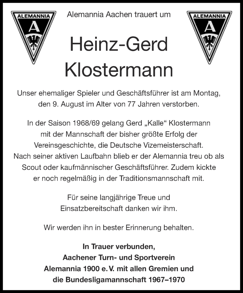  Traueranzeige für Heinz-Gerd Klostermann vom 21.08.2021 aus Aachener Zeitung / Aachener Nachrichten