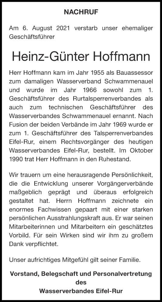  Traueranzeige für Heinz-Günter Hoffmann vom 21.08.2021 aus Aachener Zeitung / Aachener Nachrichten