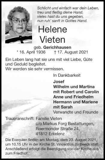 Traueranzeige von Helene Vieten von Zeitung am Sonntag