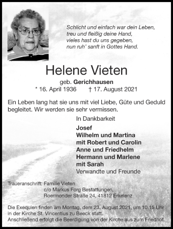 Traueranzeige von Helene Vieten von Aachener Zeitung / Aachener Nachrichten