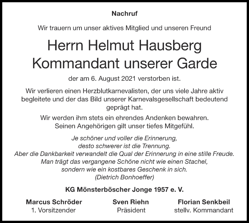  Traueranzeige für Helmut Hausberg vom 22.08.2021 aus Zeitung am Sonntag