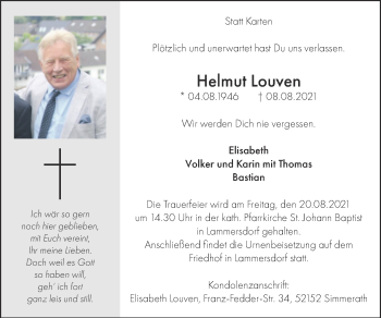 Traueranzeige von Helmut Louven von Zeitung am Sonntag