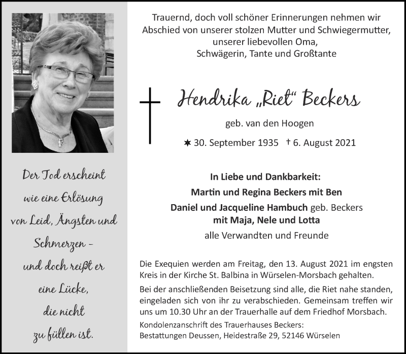  Traueranzeige für Hendrika Beckers vom 11.08.2021 aus Aachener Zeitung / Aachener Nachrichten