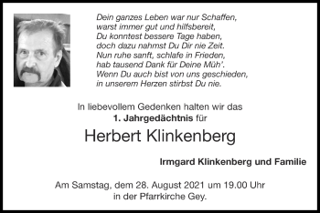 Traueranzeige von Herbert Klinkenberg von Zeitung am Sonntag