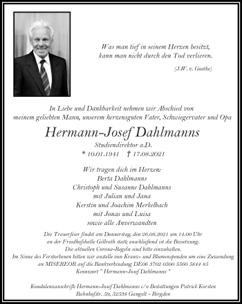 Traueranzeige von Hermann-Josef Dahlmanns von Zeitung am Sonntag