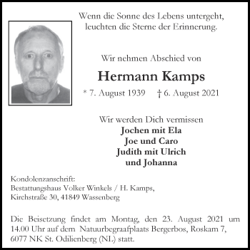Traueranzeige von Hermann Kamps von Zeitung am Sonntag
