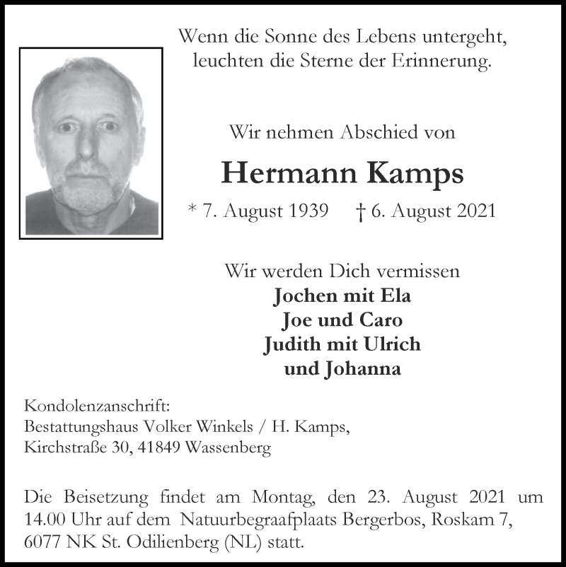  Traueranzeige für Hermann Kamps vom 15.08.2021 aus Zeitung am Sonntag