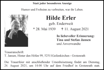 Traueranzeige von Hilde Erler von Zeitung am Sonntag