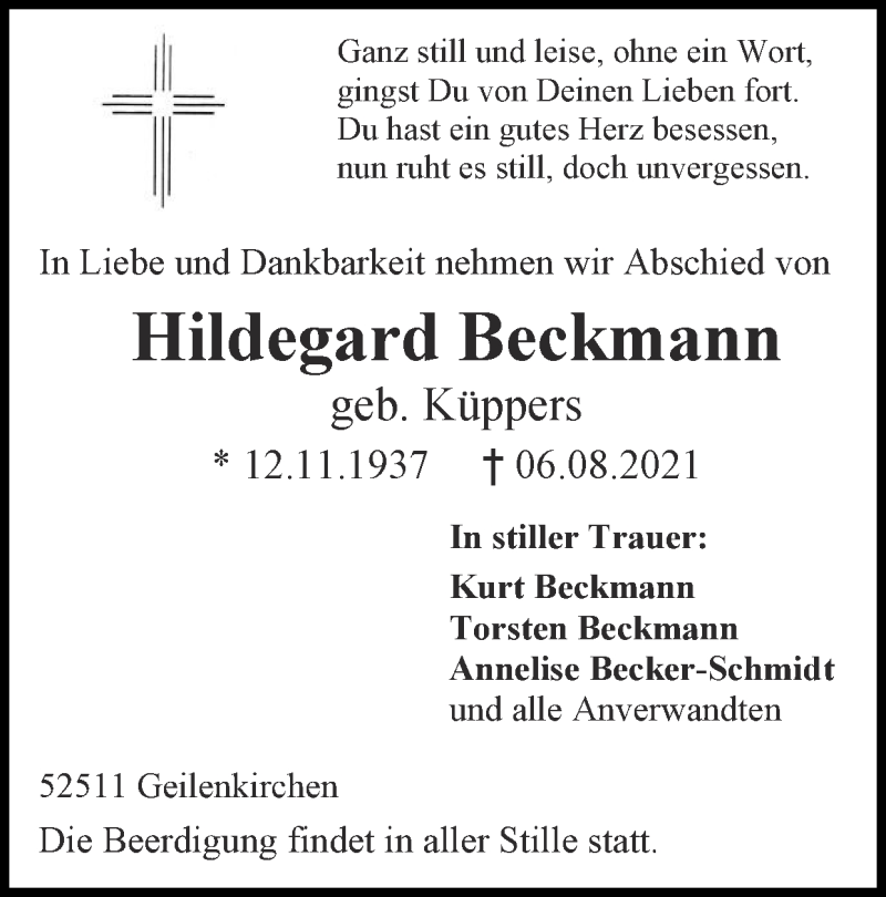 Traueranzeige für Hildegard Beckmann vom 15.08.2021 aus Zeitung am Sonntag
