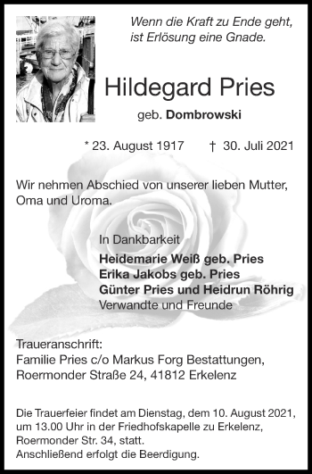 Traueranzeige von Hildegard Pries von Zeitung am Sonntag