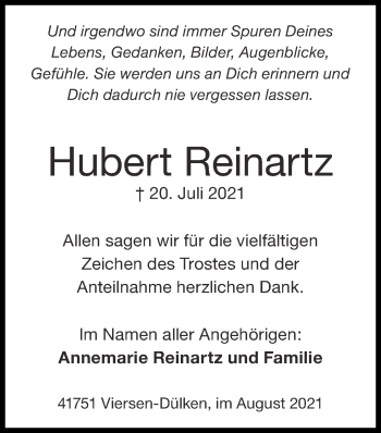 Traueranzeige von Hubert Reinartz von Zeitung am Sonntag