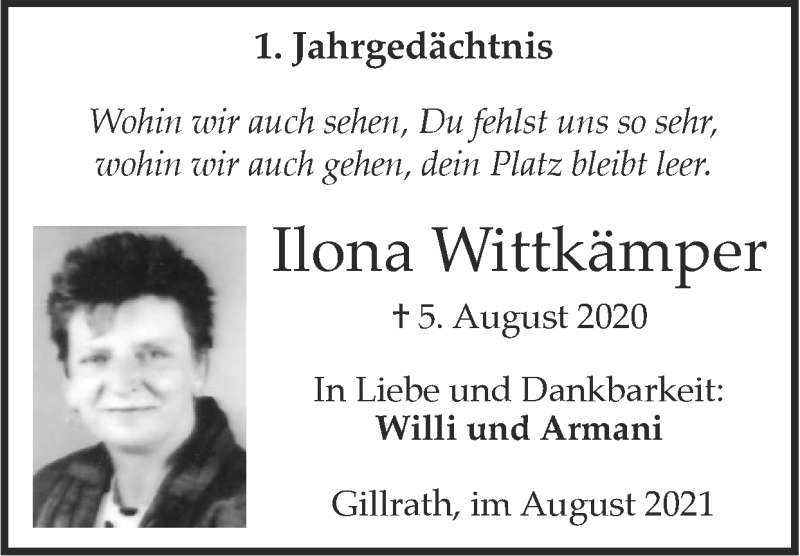  Traueranzeige für Ilona Wittkämper vom 08.08.2021 aus Zeitung am Sonntag