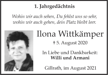 Traueranzeige von Ilona Wittkämper von Zeitung am Sonntag
