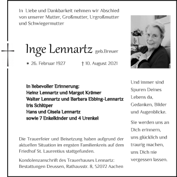 Traueranzeige von Inge Lennartz von Zeitung am Sonntag