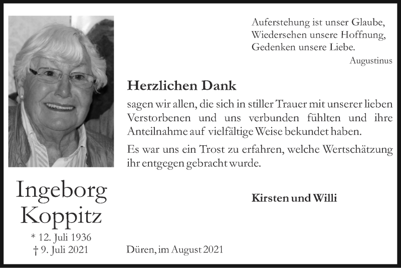  Traueranzeige für Ingeborg Koppitz vom 08.08.2021 aus Zeitung am Sonntag