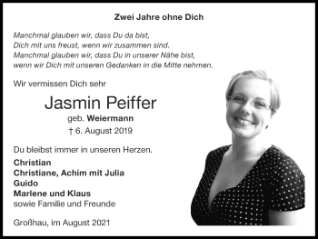 Traueranzeige von Jasmin Peiffer von Zeitung am Sonntag