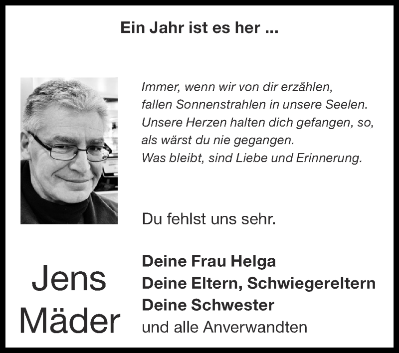 Traueranzeige für Jens Mäder vom 22.08.2021 aus Zeitung am Sonntag