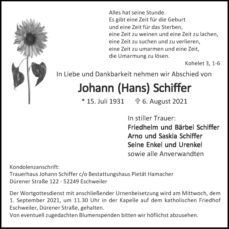  Traueranzeige für Johann Hans Schiffer vom 29.08.2021 aus Zeitung am Sonntag