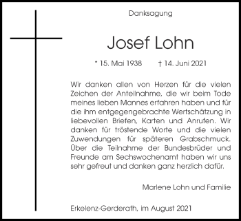 Traueranzeige von Josef Lohn von Zeitung am Sonntag
