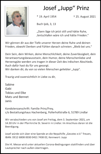 Traueranzeige von Josef Prinz von Aachener Zeitung / Aachener Nachrichten