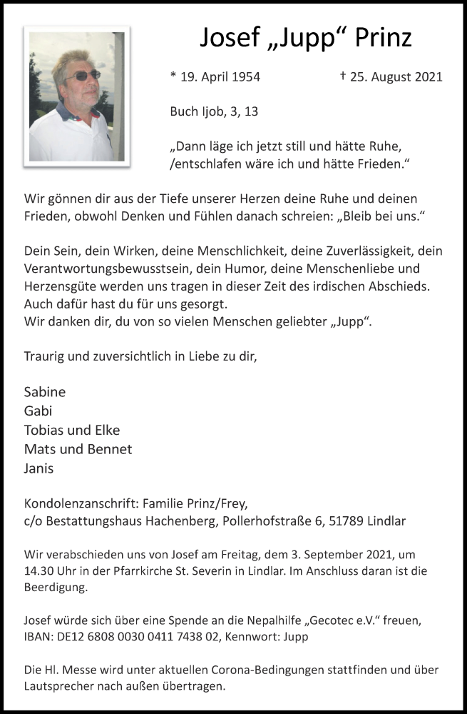  Traueranzeige für Josef Prinz vom 01.09.2021 aus Aachener Zeitung / Aachener Nachrichten