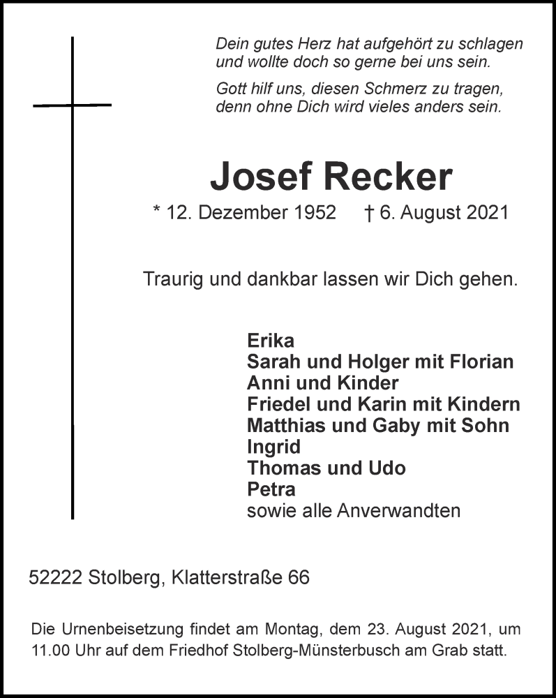 Traueranzeige für Josef Recker vom 22.08.2021 aus Zeitung am Sonntag