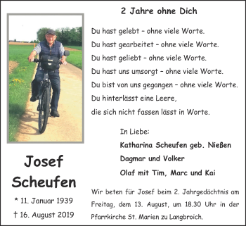 Traueranzeige von Josef Scheufen von Zeitung am Sonntag