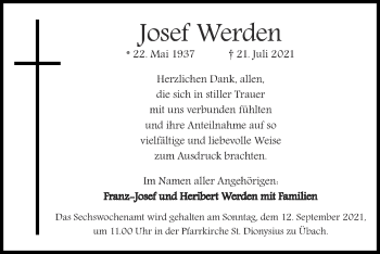 Traueranzeige von Josef Werden von Zeitung am Sonntag
