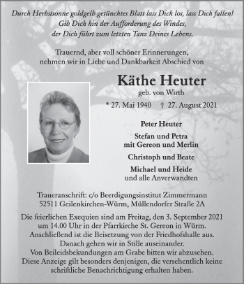 Traueranzeige von Käthe Heuter von Aachener Zeitung / Aachener Nachrichten