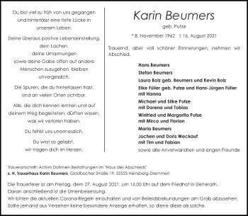 Traueranzeige von Karin Beumers von Zeitung am Sonntag