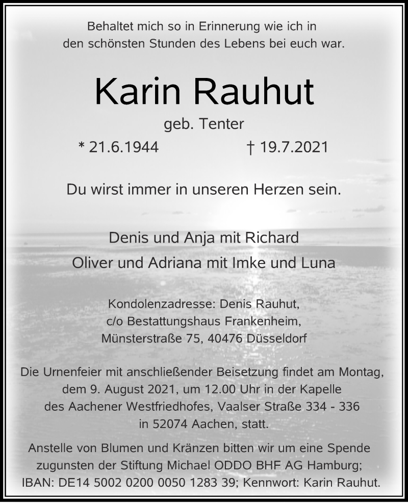  Traueranzeige für Karin Rauhut vom 04.08.2021 aus Aachener Zeitung / Aachener Nachrichten
