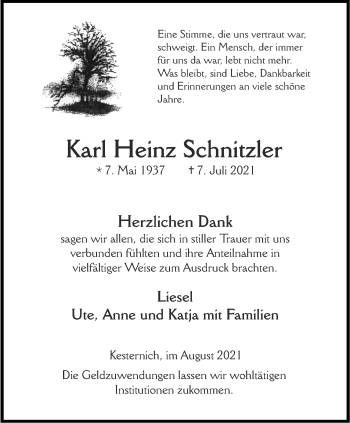 Traueranzeige von Karl Heinz Schnitzler von Aachener Zeitung / Aachener Nachrichten