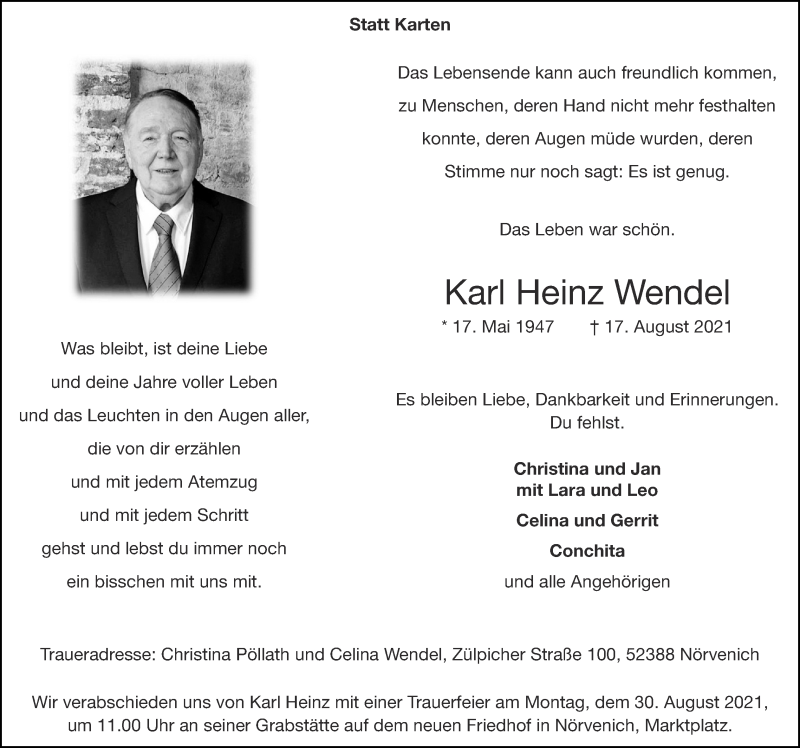  Traueranzeige für Karl Heinz Wendel vom 22.08.2021 aus Zeitung am Sonntag