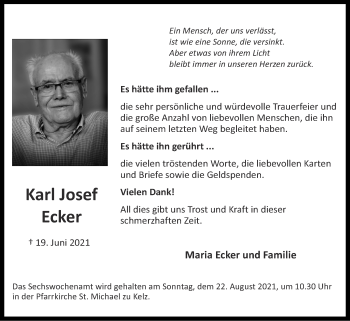 Traueranzeige von Karl Josef Ecker von Zeitung am Sonntag