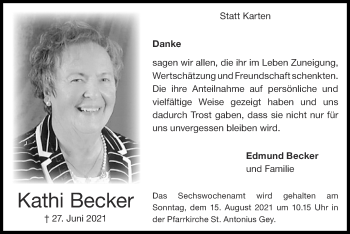 Traueranzeige von Kathi Becker von Zeitung am Sonntag