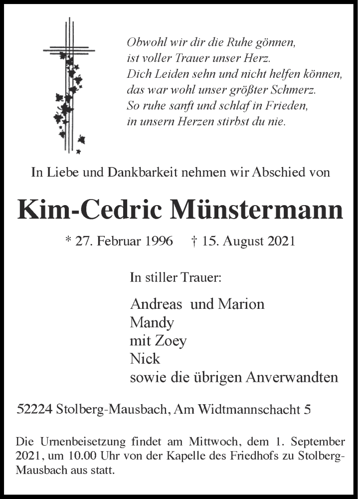  Traueranzeige für Kim-Cedric Münstermann vom 29.08.2021 aus Zeitung am Sonntag