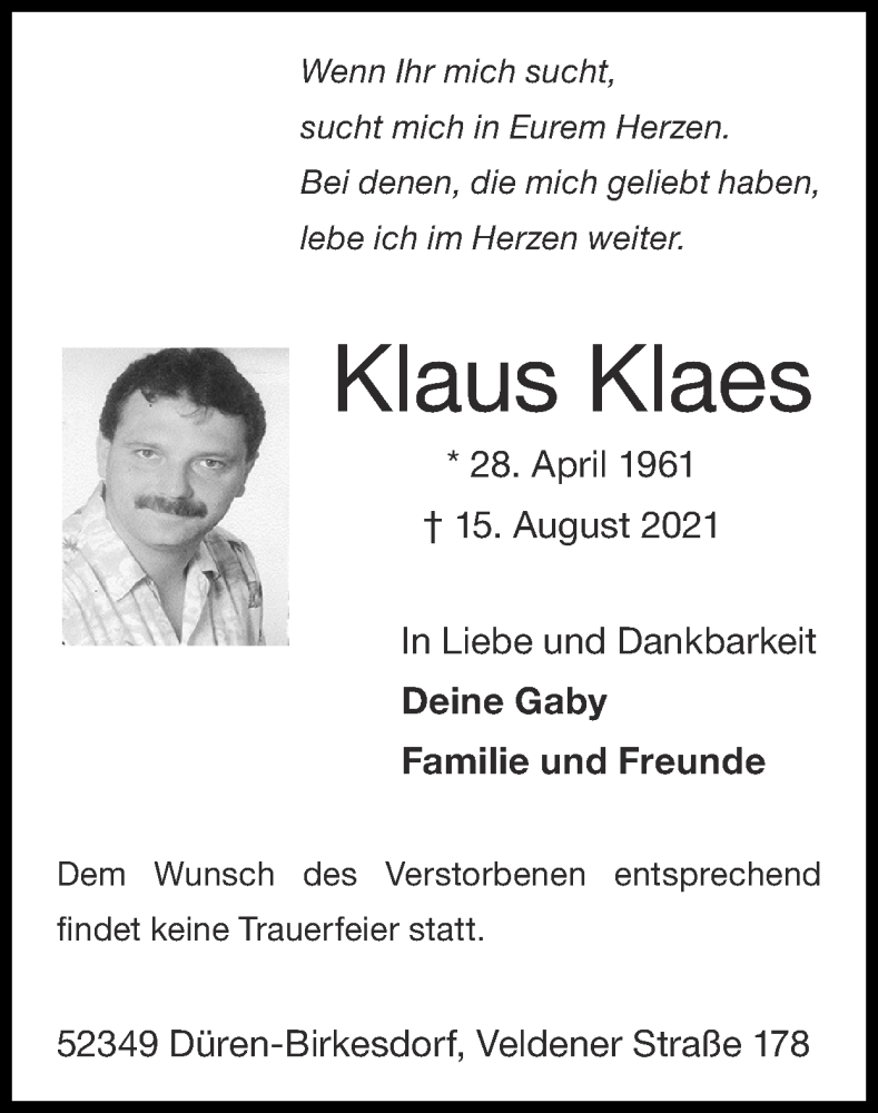  Traueranzeige für Klaus Klaes vom 22.08.2021 aus Zeitung am Sonntag