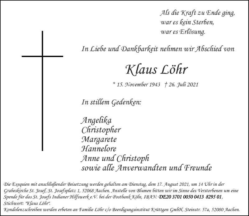  Traueranzeige für Klaus Löhr vom 07.08.2021 aus Aachener Zeitung / Aachener Nachrichten