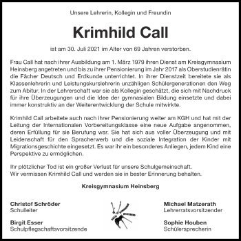 Traueranzeige von Krimhild Call von Zeitung am Sonntag