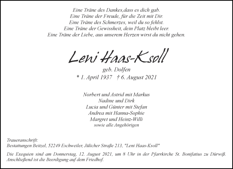  Traueranzeige für Leni Haas-Ksoll vom 10.08.2021 aus Aachener Zeitung / Aachener Nachrichten
